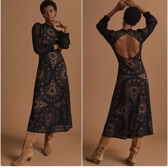 NWT ANTHROPOLOGIE FARM RIO OPEN BACK FLORAL MIDI DRESS IN BLACK - Picture 1 of 14